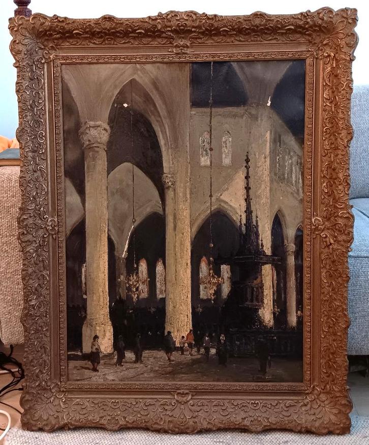 GROOT Oud schilderij E Delcourt Kerkinterieur Kerk 80x100 cm, Antiek en Kunst, Kunst | Schilderijen | Klassiek, Ophalen