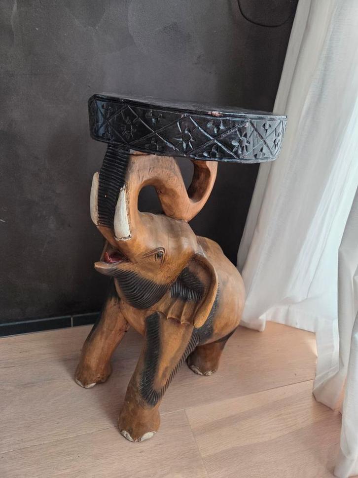 Houten Olifant Bijzettafel, Huis en Inrichting, Tafels | Bijzettafels, Gebruikt, Rond, Minder dan 45 cm, Minder dan 55 cm, Hout