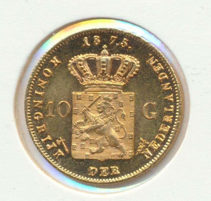 Nederland gouden tientje 1875 Willem 3, Ophalen of Verzenden, Goud