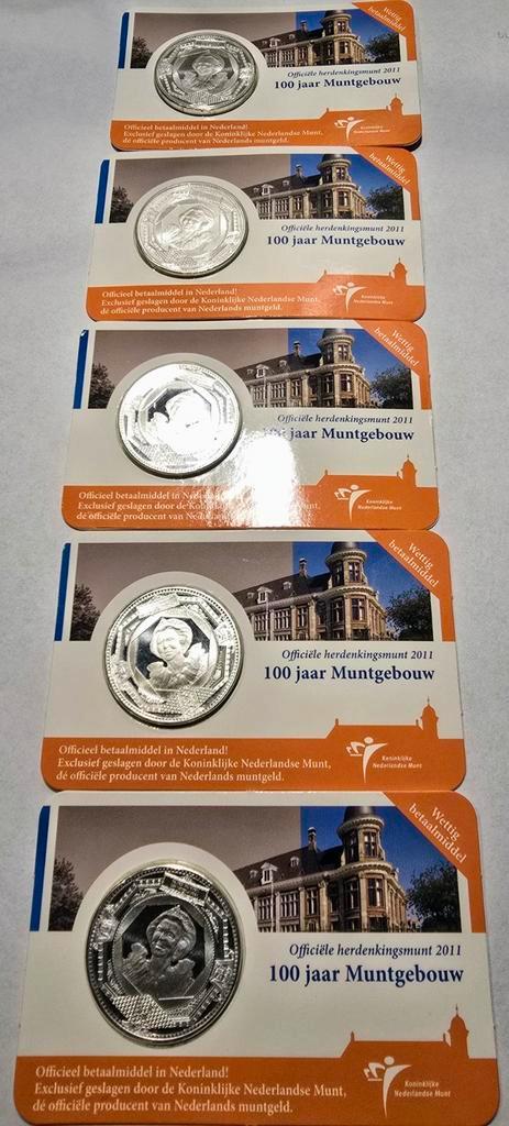 5x Vijfje 2011 - 100 Jaar Muntgebouw UNC, Postzegels en Munten, Munten | Nederland, Ophalen of Verzenden