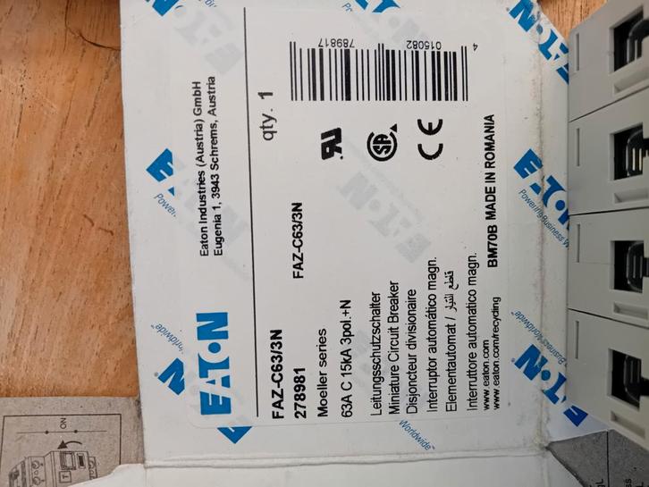 eaton FAZ-C63/3N, Doe-het-zelf en Verbouw, Elektra en Kabels, Nieuw, Schakelaar, Ophalen of Verzenden