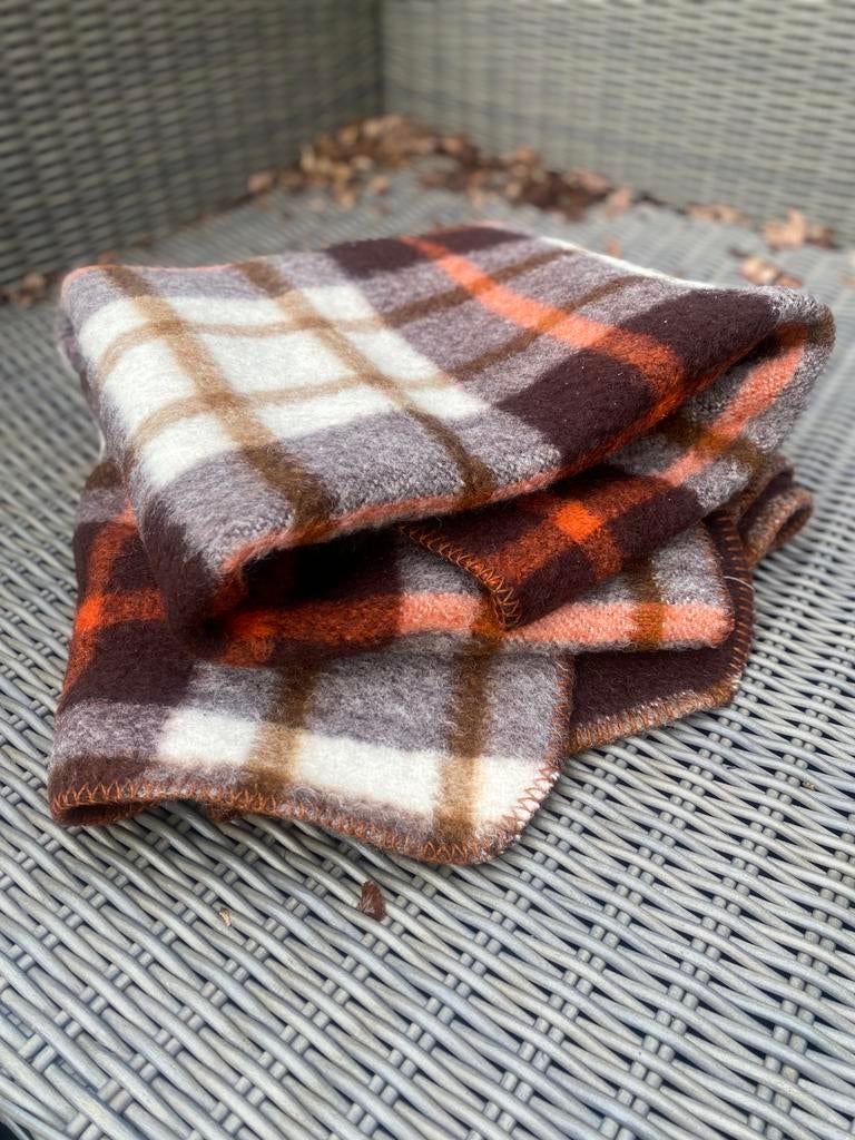 Prachtig bruin geblokt vintage wollen dekentje, Ophalen of Verzenden