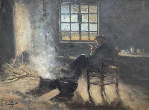Gerard Krol (1882-1950) - Pijprokende man in interieur, Antiek en Kunst, Kunst | Schilderijen | Klassiek, Ophalen of Verzenden