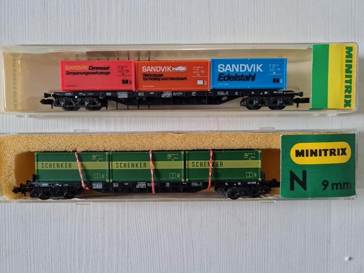 2 Fraaie Minitrix containerwagons 3507/3511, Hobby en Vrije tijd, Modeltreinen | N-Spoor, Zo goed als nieuw, Wagon, Gelijkstroom