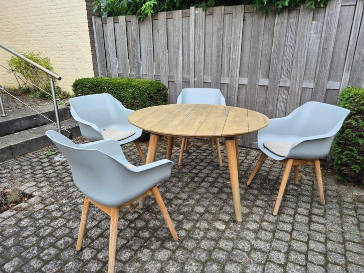 Tafel met 4 stoelen, Tuin en Terras, Tuintafels, Zo goed als nieuw, Rond, Teakhout, Ophalen