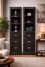 Set van 2 smalle teakhouten kasten | zwart | massief hout, Ophalen, Minder dan 50 cm, Gebruikt, 200 cm of meer