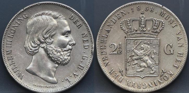 Zilveren rijksdaalder 1858 - 2 1/2 gulden 1858 Willem 3, Postzegels en Munten, Munten | Nederland, Losse munt, 2½ gulden, Koning Willem III