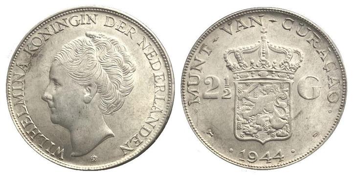 Schitterende UNC zilveren rijksdaalder 1944 Curaçao, Postzegels en Munten, Munten | Nederland, Losse munt, 2½ gulden, Koningin Wilhelmina