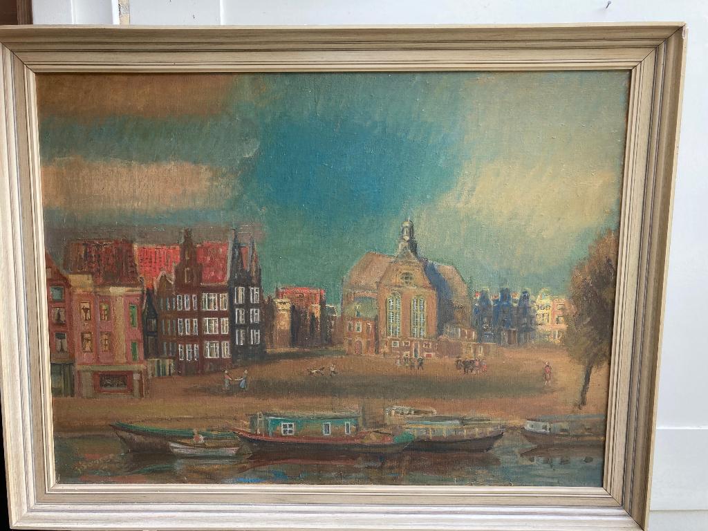 Antiek schilderij Oude Kerk Amsterdam de Wallen Rembrandt, Antiek en Kunst, Ophalen of Verzenden