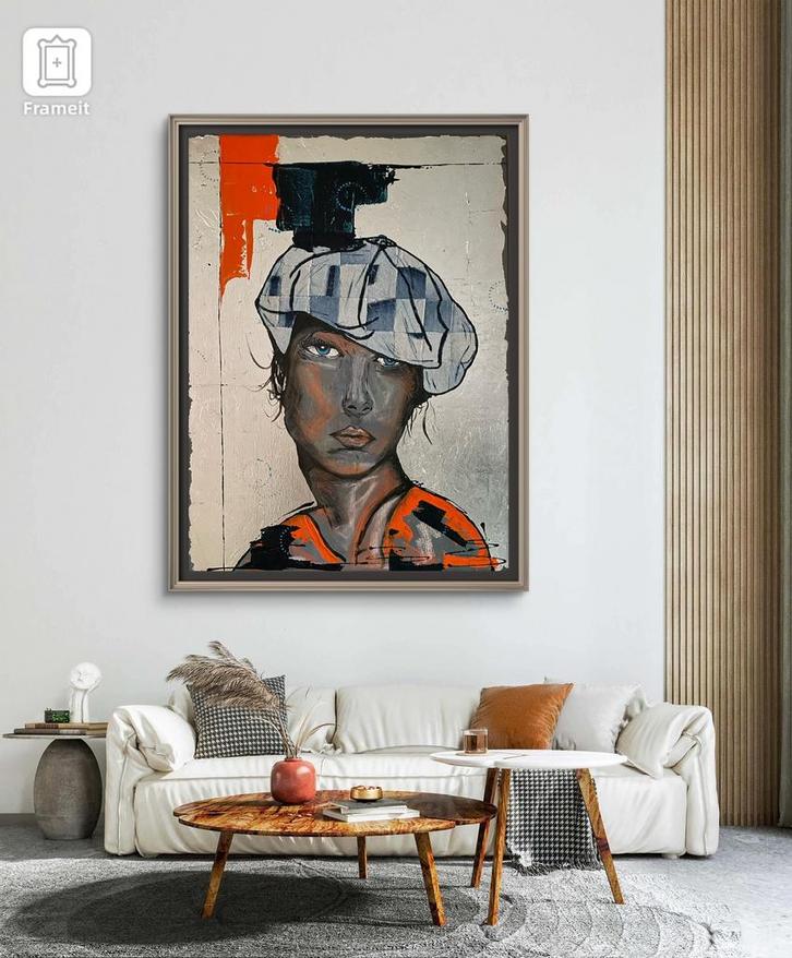 Portret dame met pet., Antiek en Kunst, Kunst | Schilderijen | Abstract, Ophalen