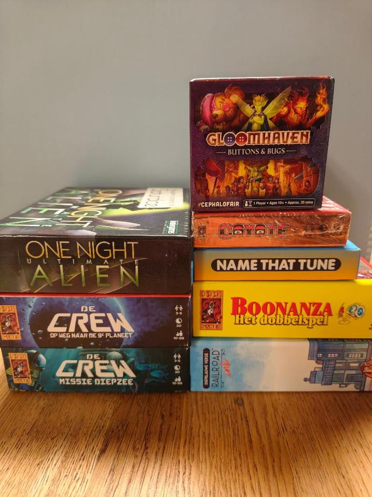 De Crew 1&2, Gloomhaven B&B, Railroad Ink etc., Hobby en Vrije tijd, Gezelschapsspellen | Bordspellen, Zo goed als nieuw, Een of twee spelers