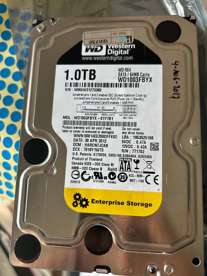 Western Digital RE4 WD1003FBYX 1TB HDD WMAW31273360, Computers en Software, Harde schijven, Gebruikt, Desktop, Ophalen of Verzenden