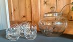 Antieke geslepen glazen bowlpot + 8 kopjes (jaren ’70), Antiek en Kunst, Ophalen of Verzenden
