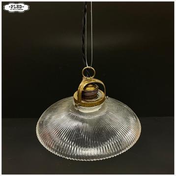 Oude glazen hanglamp, Holophane, nieuw snoer + staaldraad beschikbaar voor biedingen