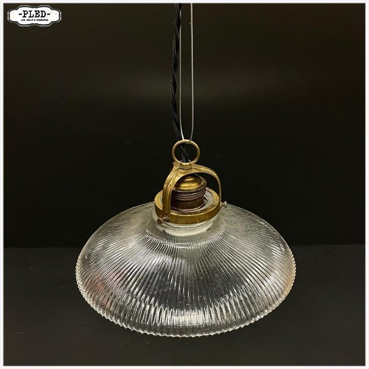 Oude glazen hanglamp, Holophane, nieuw snoer + staaldraad, Huis en Inrichting, Lampen | Hanglampen, Gebruikt, Minder dan 50 cm