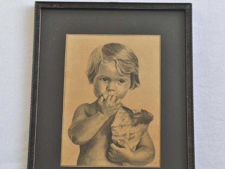 Peuter jongetje met snoepzak – Ingelijste tekening uit 1934, Antiek en Kunst, Kunst | Tekeningen en Foto's, Ophalen of Verzenden