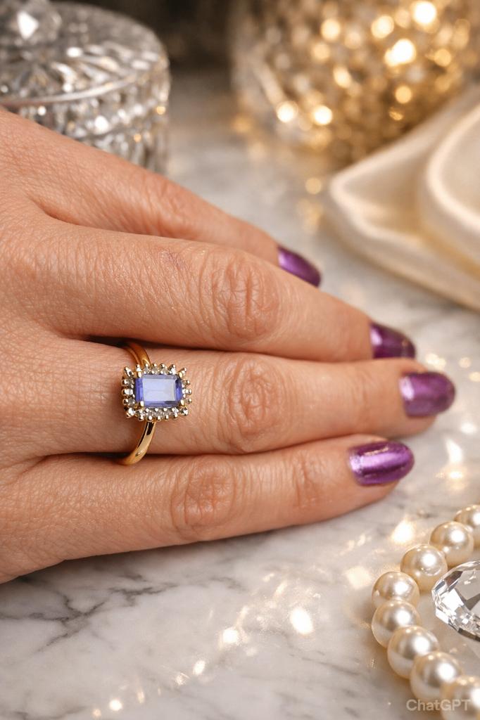 14k Gouden Ring | Tanzaniet | Halo van Witte Topaas, Ophalen of Verzenden, Met edelsteen, Dame, Goud