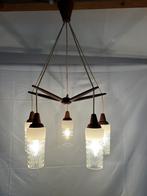 Vintage Scandinavische teakhout hanglamp met 5 glazen kapjes, Huis en Inrichting, Lampen | Hanglampen, Ophalen of Verzenden, Gebruikt