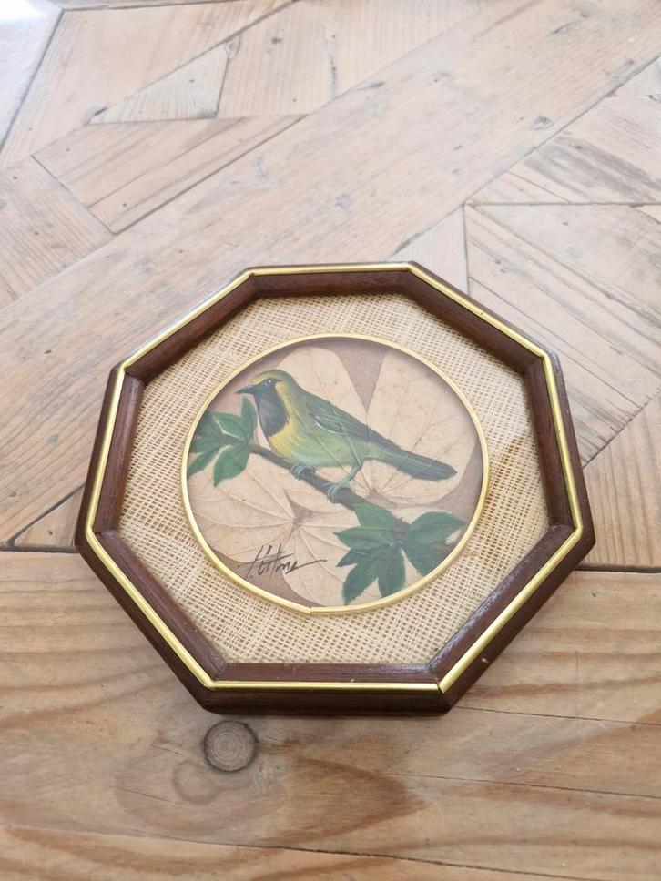 Vogel schilderijtje geschilderd op bladeren, Huis en Inrichting, Woonaccessoires | Schilderijen, Tekeningen en Foto's, Schilderij