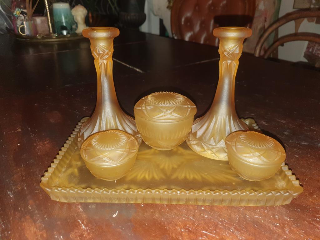 Art Deco persglas kaptafelset glas antiek glazen kandelaars, Antiek en Kunst, Antiek | Glas en Kristal, Ophalen of Verzenden