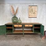 Oude vintage groene werkbank, dressoir, toonbank, oude kast, Antiek en Kunst, Curiosa en Brocante, Ophalen