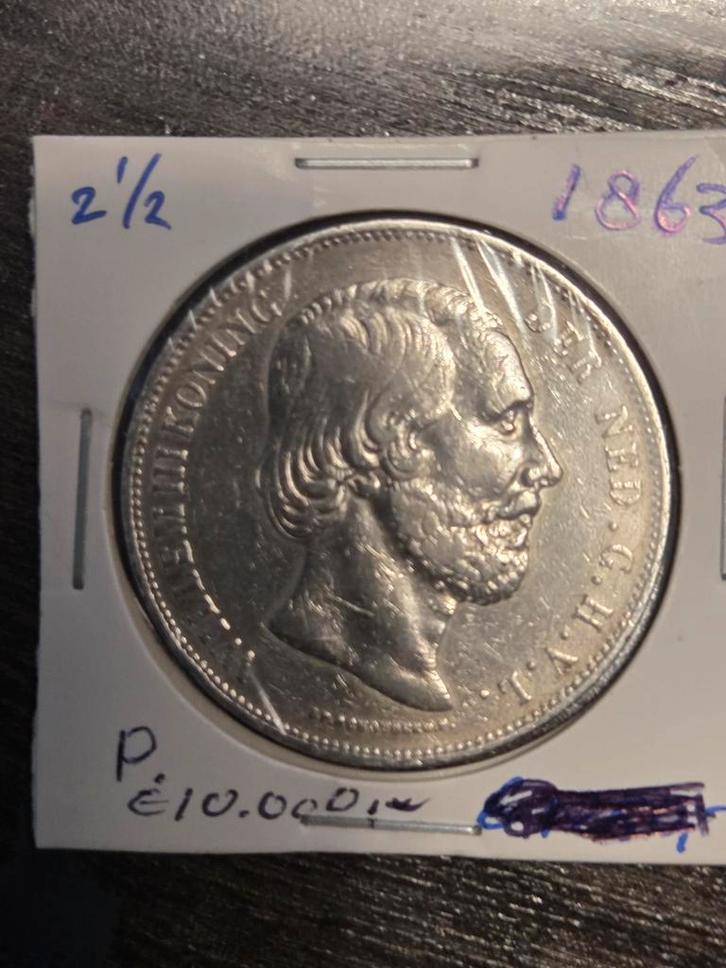 2 1/2 Gulden Willem III 1863, Postzegels en Munten, Munten | Nederland, Losse munt, 2½ gulden, Koning Willem III, Zilver, Ophalen of Verzenden