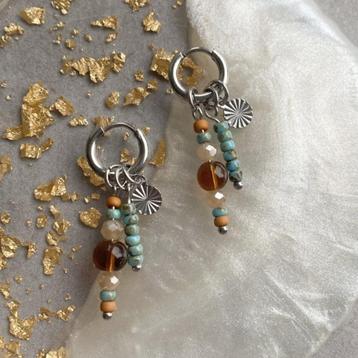 Oorringen staal bedels zilver bruine en turquoise hangers beschikbaar voor biedingen