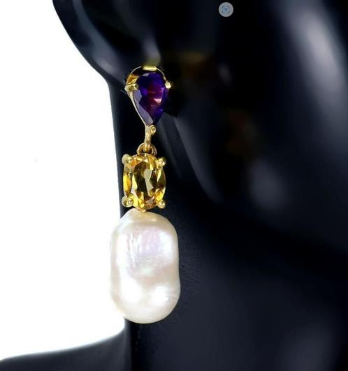 Unieke zilveren oorhangers met Parels, Amethist en Citrien, Sieraden, Tassen en Uiterlijk, Oorbellen, Nieuw, Hangers, Zilver, Paars