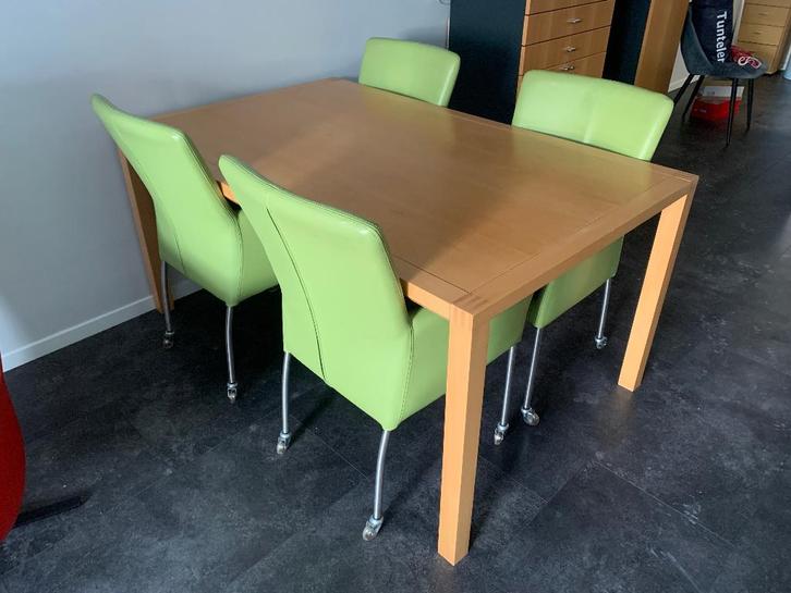 Eettafel met 4 leren stoelen, Huis en Inrichting, Tafels | Eettafels, 50 tot 100 cm, 150 tot 200 cm, Rechthoekig, Ophalen