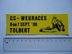 sticker Oud Tolbert CC WEGRACE motorrace 1986 zijspan retro, Verzamelen, Stickers, Verzenden