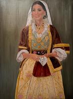 Olieverfschilderij van vrouw in traditionele klederdracht, Antiek en Kunst, Kunst | Schilderijen | Klassiek, Ophalen