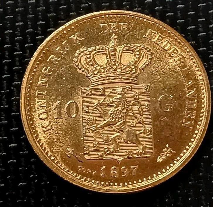 1897 Goud op zilver Tientje Wilhelmina naslag 10 gulden, Postzegels en Munten, Munten | Nederland, Losse munt, 10 gulden, Koningin Wilhelmina