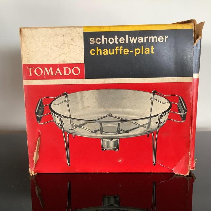 Tomado verchroomde verstelbare schotelwarmer – met doos, Verzamelen, Retro, Huis en Inrichting, Verzenden