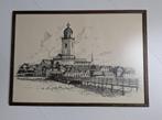 Vintage pentekening Deventer Lebuïnuskerk en Schipbrug, Minder dan 50 cm, Tekening, Ophalen of Verzenden, Zo goed als nieuw