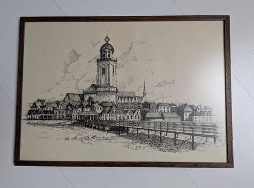 Vintage pentekening Deventer Lebuïnuskerk en Schipbrug, Huis en Inrichting, Woonaccessoires | Schilderijen, Tekeningen en Foto's