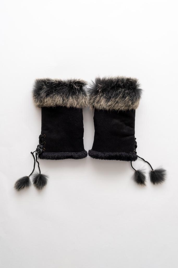 Zwarte Suède en Bont Handschoenen, Kleding | Dames, Mutsen, Sjaals en Handschoenen, Zo goed als nieuw, Handschoenen, Maat 36 (S)