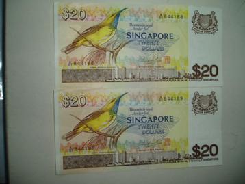 1392. Singapore, 2X 20 dollars 1979 Yellow-breasted Sunbird. beschikbaar voor biedingen