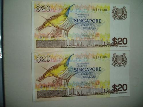 1392. Singapore, 2X 20 dollars 1979 Yellow-breasted Sunbird., Postzegels en Munten, Bankbiljetten | Azië, Setje, Zuidoost-Azië