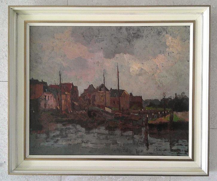 Stadje met haven ca.1935 - Frans Hoos (1884-1966, Antiek en Kunst, Kunst | Schilderijen | Klassiek, Ophalen