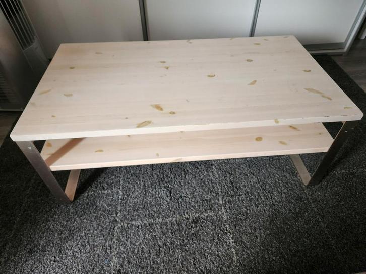 Salontafel 120 x 65 x 46 houten bladen en RVS onderstel, Huis en Inrichting, Tafels | Salontafels, Gebruikt, Minder dan 50 cm