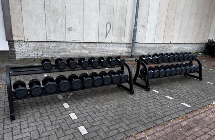 Technogym Pu Rubberen Dumbells 4 t/m 40kg + Technogym Rekken, Sport en Fitness, Fitnessmaterialen, Gebruikt, Dumbbell, Ophalen
