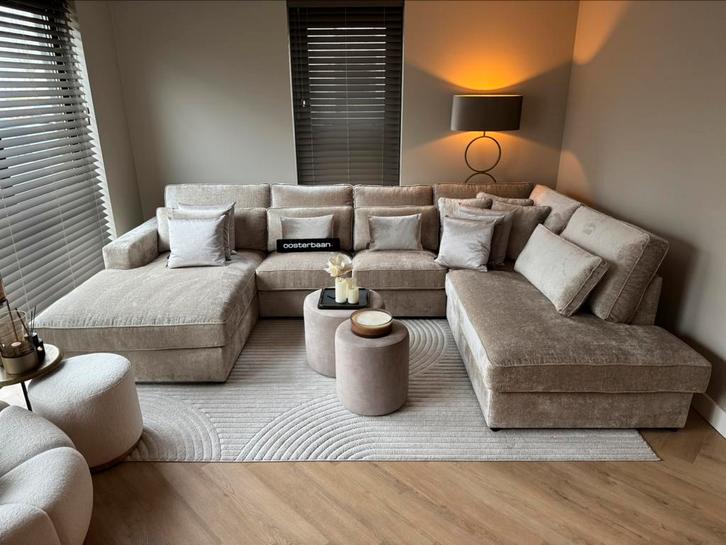 Luxe Velvet Teddy U-Bank Pocket 200x370x250cm Beige Sand NEW, Huis en Inrichting, Banken | Bankstellen, Nieuw, Hoekbank, Vierpersoons of meer