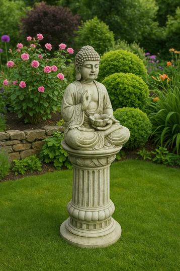 boeddha met lotus tuinbeeld op sokkel beschikbaar voor biedingen