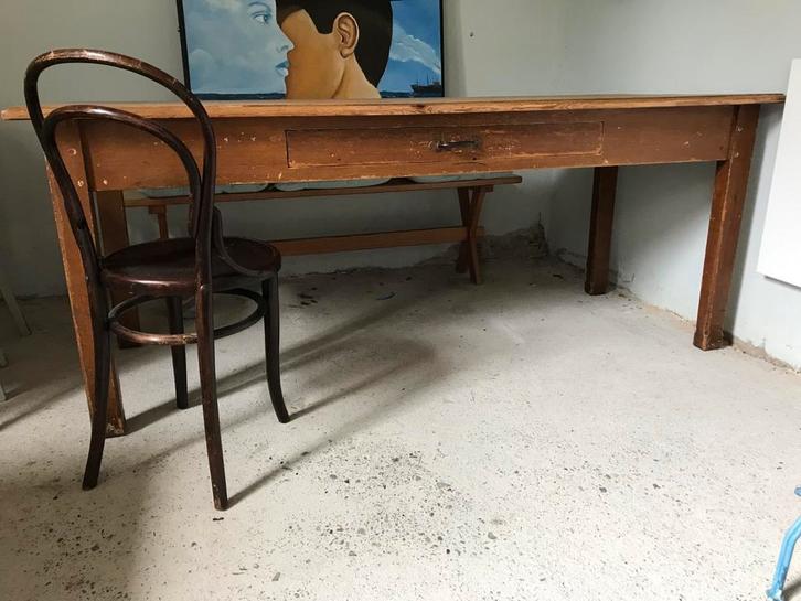 Frans vintage houten lange tafel, lade, groot bureau antiek, Antiek en Kunst, Antiek | Meubels | Tafels, Ophalen of Verzenden