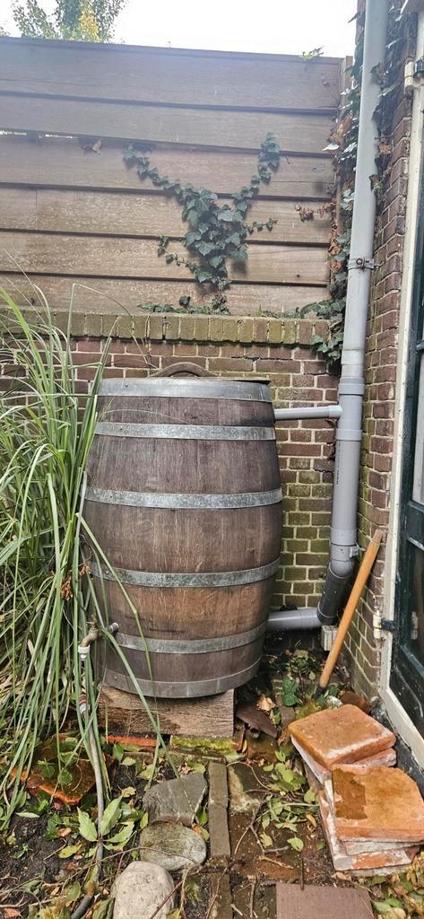 Regenton: Eikenhouten wijnvat 225 liter met deksel, Tuin en Terras, Regentonnen, Gebruikt, Hout, 150 liter of meer, Ophalen of Verzenden