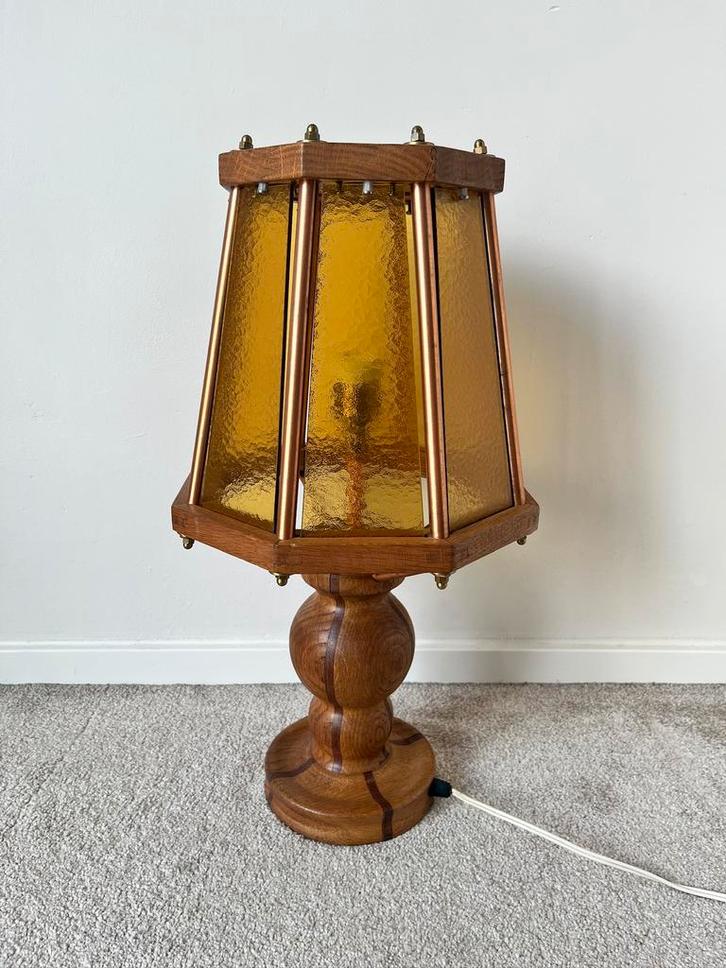 Prachtige vintage lamp, 52x21cm. Hout 60s 70s design retro, Huis en Inrichting, Lampen | Tafellampen, Gebruikt, Minder dan 50 cm