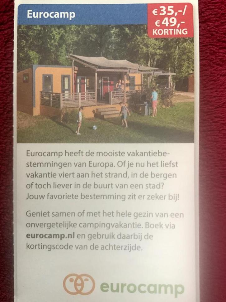 Eurocamp Campingvakantie Voordeelbon, Tickets en Kaartjes, Hotelbonnen, Drie personen of meer, 3 overnachtingen of meer