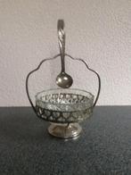antieke suikercoupe/pot in metalen houder + hangende lepel, Antiek en Kunst, Ophalen of Verzenden