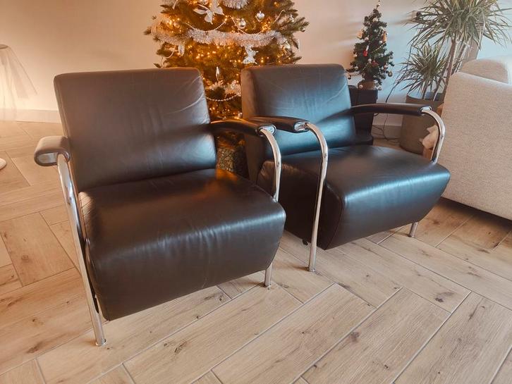 Leolux scylla design fauteuils stoelen zwart leer, Huis en Inrichting, Fauteuils, Zo goed als nieuw, Leer, Metaal, 50 tot 75 cm