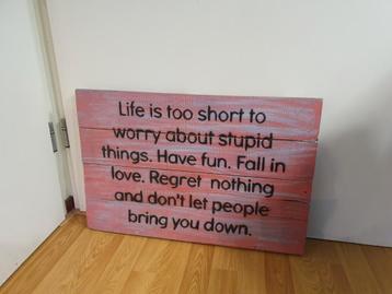 Bord (60x40x3cm) met spreuk "Life is too short..." beschikbaar voor biedingen